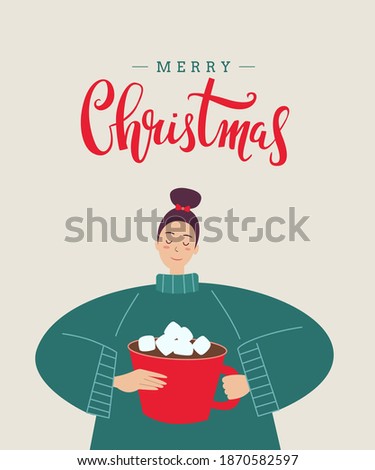Merry Christmas cute greeting card with handwritten lettering and illustration. Girl in cozy sweater drinks hot chocolate with marshmallow. - Vector