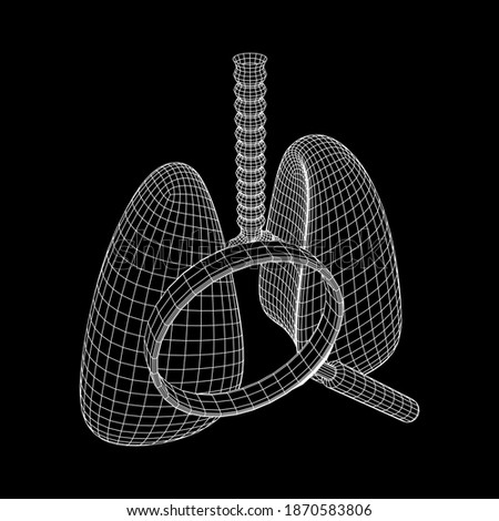 Lungs with trachea bronchi internal organ human with magnifying glass. Pulmonology medicine science analysis concept. Wireframe low poly mesh 3d render illustration