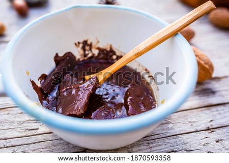 Bitter chocolate heated in a saucepan.