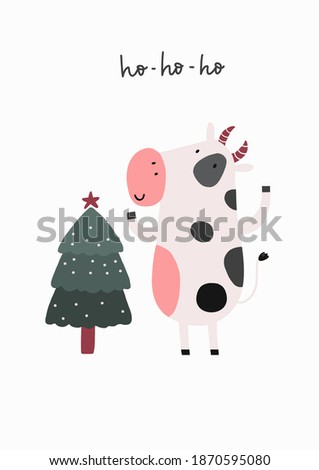 Cute CArtoon Christmas cow. Happi holidays vector print