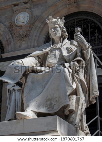 Statue of King Alfonso X Wise in front of The National Archaeological Museum and Library (Museo Arqueológico, Biblioteca Nacional) in Madrid, Spain, Europe. Royalty-Free Stock Photo #1870601767