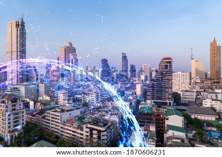Abstract technology icons hologram over panorama city view of Bangkok, Asia. The concept of people networking and connections. Double exposure.