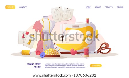 Sewing machine, mannequin.  patterns and sketches, pincushion, threads. Fashion design, dressmaking, sewing workshop or courses, tailoring concept. Vector illustration for banner, advertising.