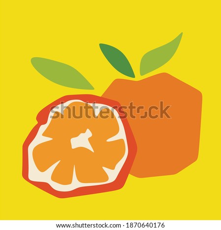 The concept of orange . Vector illustration of an orange on a yellow background with green leaves. Design for cosmetics