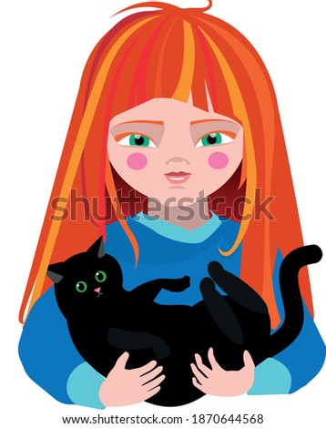 Redhead girl and black cat