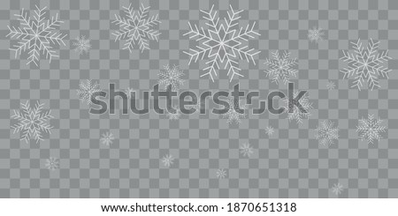 Vector heavy snowfall, snowflakes in different shapes and forms. Snow flakes, snow background. Falling Christmas