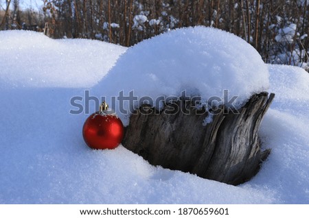 red Christmas ball lies in the snow next to a wooden stump, blurred background