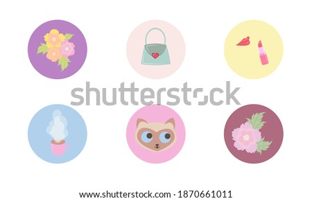 Set of  Highlights Covers Icons. Assortment of colorful circles with cute design elements: flower, makeup, bag, cat, cup. Bundle of templates for social media and blog. 