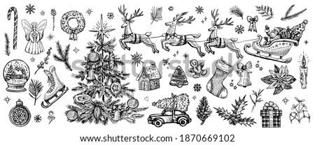 Christmas hand drawn decorations, vector elements. Traditional Christmas symbols: truck, gifts, Santa Claus with reindeers, fir, sock, wreath etc. Vintage style.