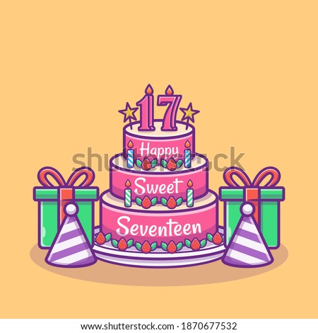 Illustration vector graphic of Birthday Cake with balloons and box. Birthday party concept. Flat cartoon style
