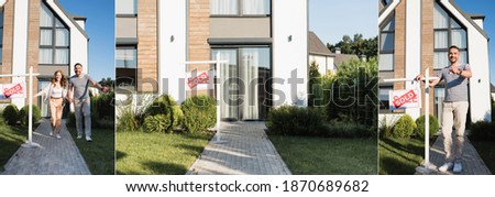 Collage of modern house, happy couple running forward and man showing key near sign with sold lettering, banner