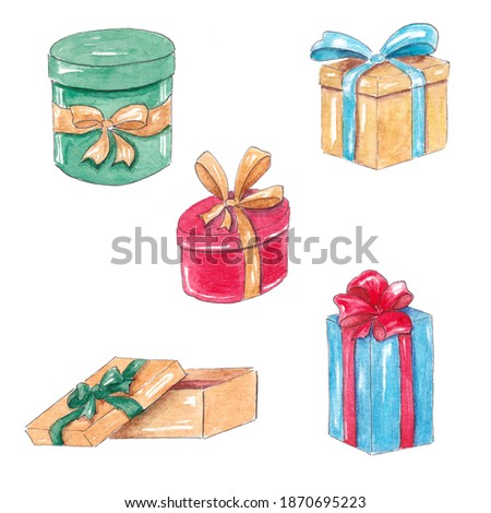 Hand drawn Watercolor set with Present, Gift box. Design element isolated on white background