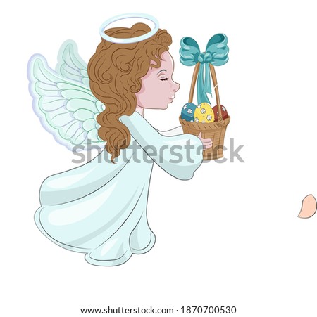 girl, Easter angel, with gift egg basket, picture in hand drawing cartoon style, for t-shirt wear fashion print design, greeting card, postcard. baby shower. party invitation