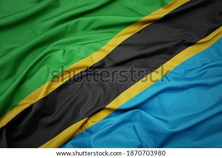 waving colorful national flag of tanzania. macro shot