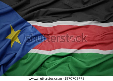 waving colorful national flag of south sudan. macro shot