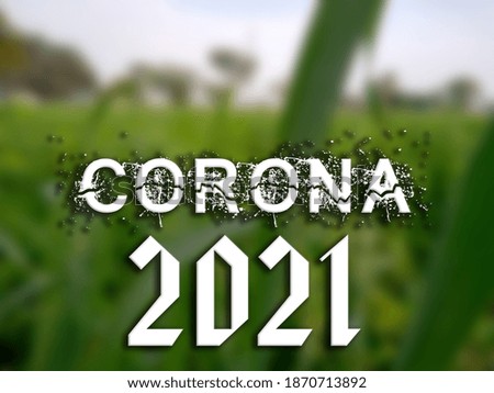 3D Text CORONA 2021 on blurred green natural background. 3D rendered royalty free stock picture. This image can be used for an online website banner ad or a print postcard. Copy Space for text