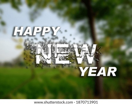 3D Text Happy New Year on blurred green natural background. 3D rendered royalty free stock picture. This image can be used for an online website banner ad or a print postcard. Copy Space for text