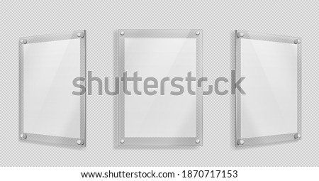 Acrylic poster, blank glass frame hang on wall isolated on transparent background. Empty photo frame template, rectangular name plate, plexiglass banner, holder mockup Realistic 3d vector illustration Royalty-Free Stock Photo #1870717153