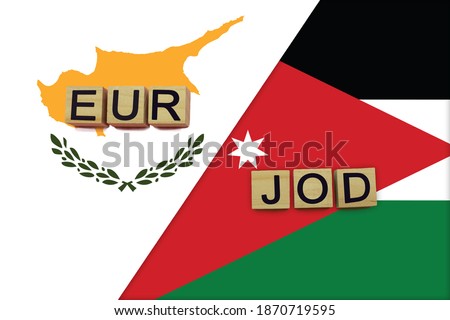 Cyprus and Jordan currencies codes on national flags background. International money transfer concept