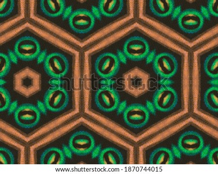 A hand drawing pattern made of salmon pink green and blue on a dark background 