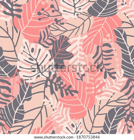 Vector colorful seamless pattern with tropical leaves. Pastel pink colors. Scandinavian cartoon style. Monstera leaf. Floral ornament for textile design, wallpaper, poster, covers.
