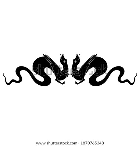 Symmetrical decor with two medieval winged dragons or serpents. Black and white silhouette.
