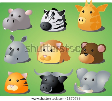 Cartoon illustration of African wild safari animals: hippo, zebra, giraffe, rhino, lion, monkey, tiger, buffalo, lion. Raster illustration; vector version is also available