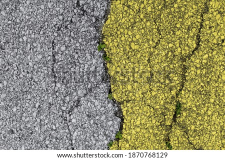 painted Ultimate Gray and Illuminating yellow color. on broken grungy cracked old asphalt road background with green shoots of leaves. concept texture wallpaper. trendy 2021 new colors of the year