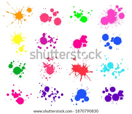 Color paint splatter. Bright ink stains and spray blots isolated on white. Spot or drop elements. Watercolor paint splashes collection, liquid colorful stains set vector illustration