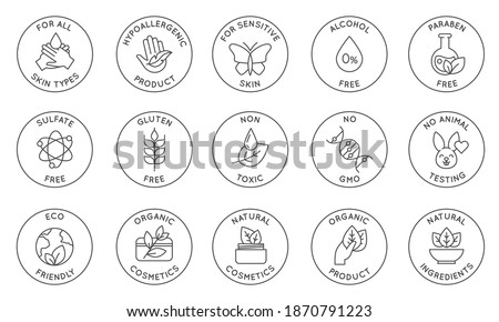 Eco cosmetics icon. Organic natural products alcohol, paraben and gluten free line icons for packaging. Round stamps and badges vector set. Non toxic, no animal testing, for all skin types Royalty-Free Stock Photo #1870791223