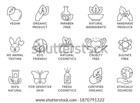 Organic cosmetics icon. Eco friendly cruelty free line badges for beauty products and vegan food. No animal tested, natural icons vector set. For sensitive skin, ethically sourced collection Royalty-Free Stock Photo #1870791322
