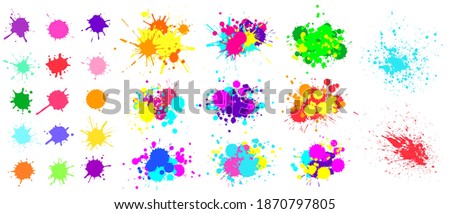 Color paint splatter. Spray paint blot element. Colorful ink stains mess. Watercolor spots in raw and paint splashes collection, liquid stains set isolated on white vector illustration