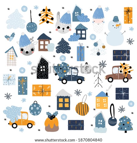 Set of cute winter holiday elements. Childish graphic. Vector hand drawn illustration.