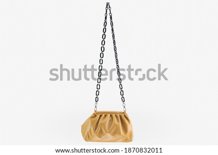 A Women handbag hanging against white background. Beautiful luxurious bright beige leather handbag front view, without shadow on white background.
Handbag isolated hangs on golden chains