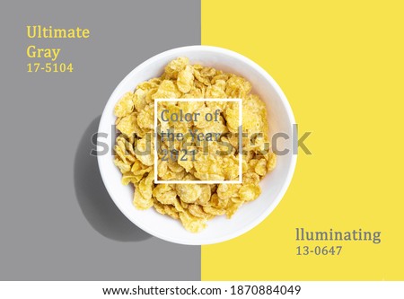 Plate with breakfast cereal on Illuminating and ultimate gray trending background 2021
