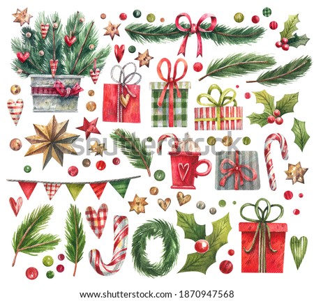 Hand-drawn watercolor Christmas illustration set. Spruce branches, mistletoe, gift boxes, stars, garlands, candy cane and other Christmas elements. Illustrations isolated on white background.