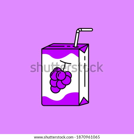 Grape juice with paper box package and straw vector illustration isolated on purple background. Linear color style of grape juice icon