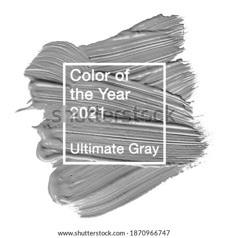 Color of the year 2021 concept. Sample of ultimate gray paint smear texture on paper with geometric frame isolated on white backgroung. trendy beauty, fashion, makeup design concept