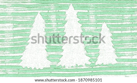 Light Christmas background. Bright hand drawn  trees, watercolor children painting with copy space. Grunge abstract winter artwork