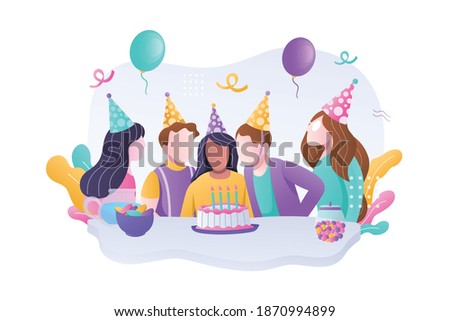 Birthday party concept. Group of happy child celebrating party with cake. Vector illustration