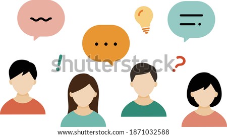 Illustrations of multiple young men and women representing communication, SNS, inspiration, questions, thinking, conversation, etc.