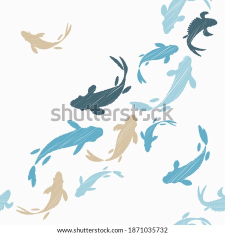 Chinese or Japanese seamless pattern Koi. Carp. Design with manual hatching. Textile. Vector illustration for web design or print.