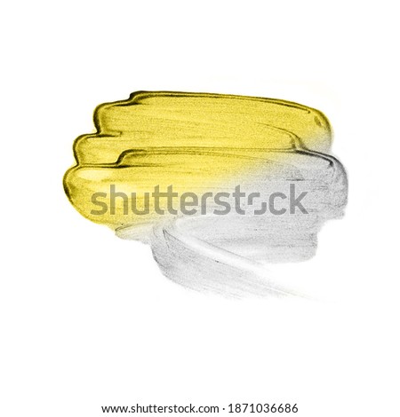 Creative brush stroke of silver paint Isolated on a white background. Trendy colors 2021 - Gray and Yellow. Brush strokes, blush, glare, eyeshadow, lipstick