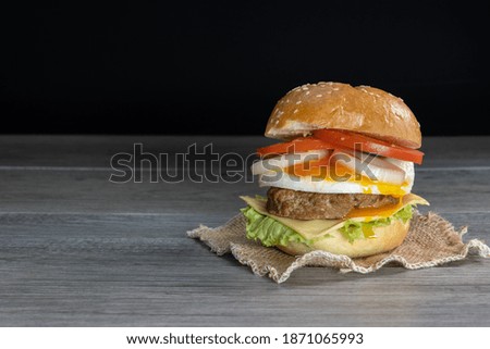 Burger, hamburger, cheeseburger, in bun with lettuce, tomato, onion, fried egg, delicious fast food, on gray wooden, black background.