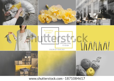Creative inspirational collage of pictures toned in trendy yellow and gray. Color of 2021 year.