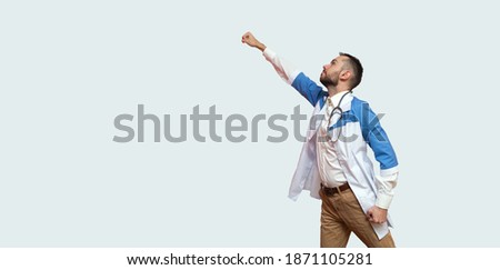 doctor superhero flying like a superman and fighting disease isolated on blue background.