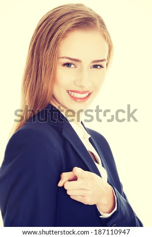 Beautiful business woman is advertising.