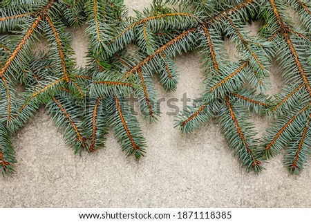 Border of Christmas tree branches on grey stone background. New Year greeting card concept, top view