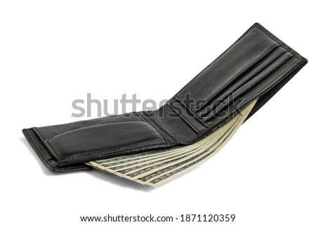Black leather wallet with money isolated on white with shadow.