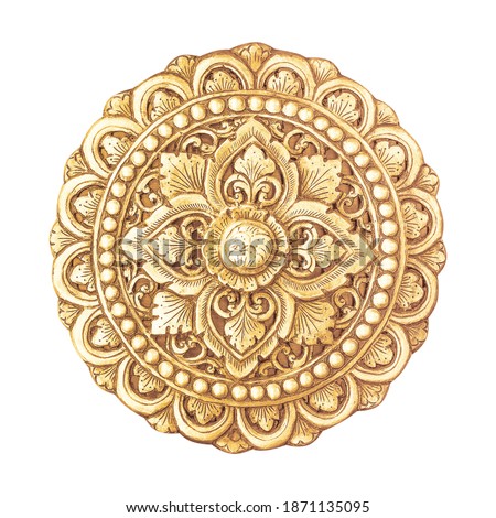 Gold decorative element with floral carved pattern isolated on white background.